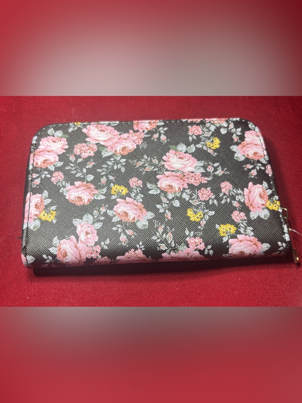 New Black Floral Zip-Around Wallet with Pink Roses